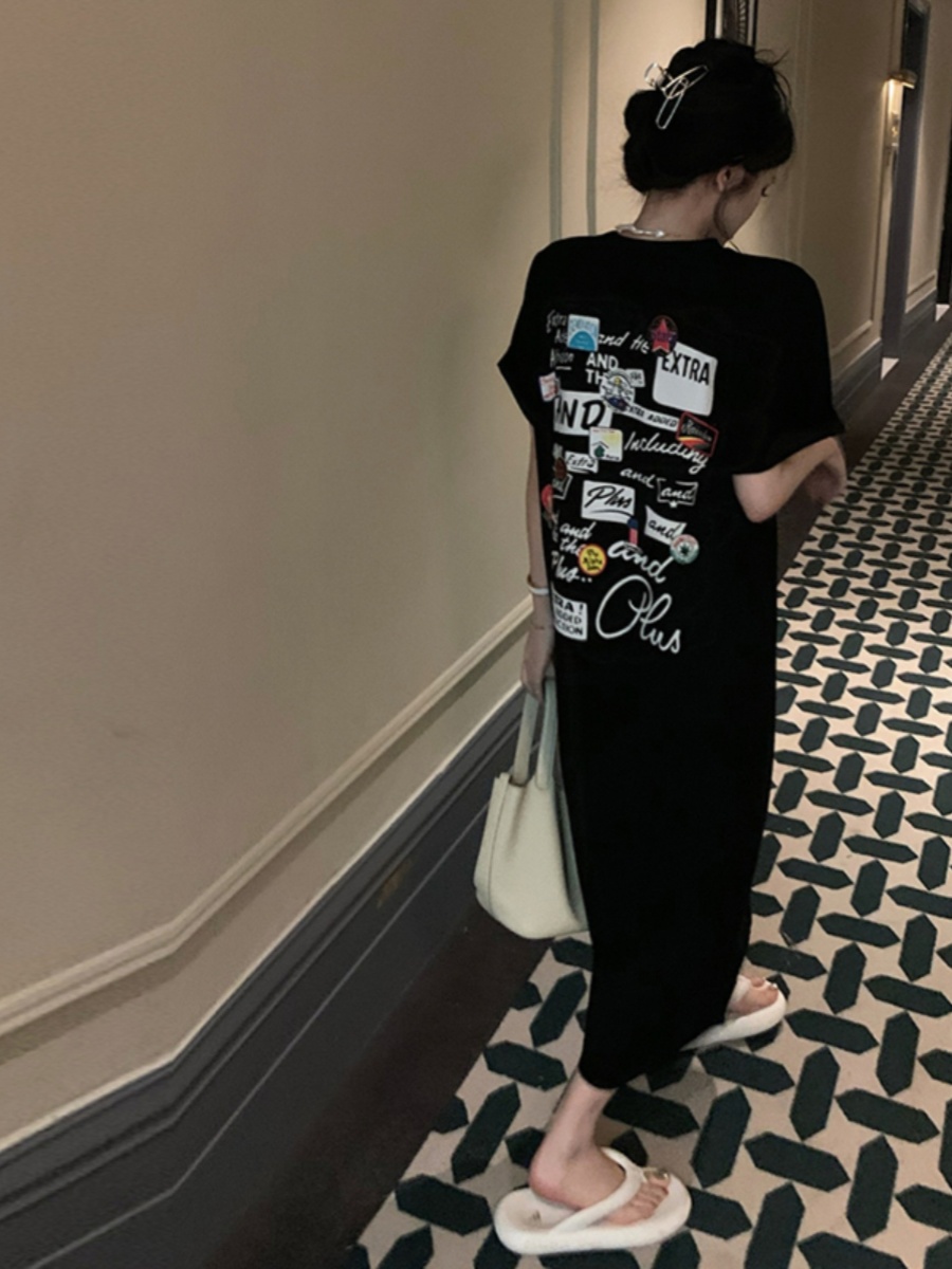 Korean Style A Line Shirt Dress - Black Short Sleeve T-Shirt Dress Women