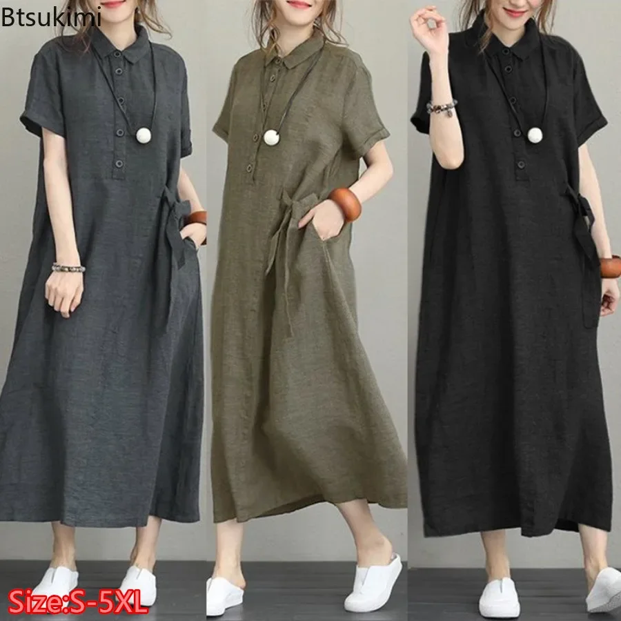 2026 Summer Dress Simple Vinta - Casual Loose Linen Shirt Dress recension och pris