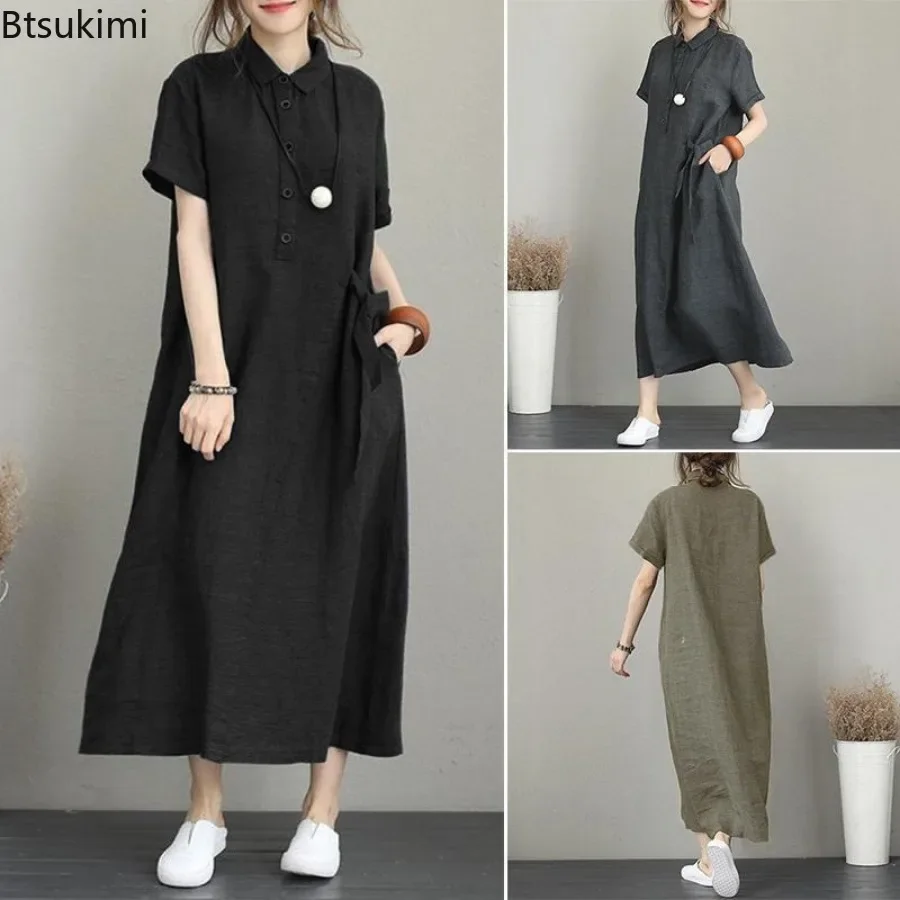 2026 Summer Dress Simple Vinta - Casual Loose Linen Shirt Dress recension och pris