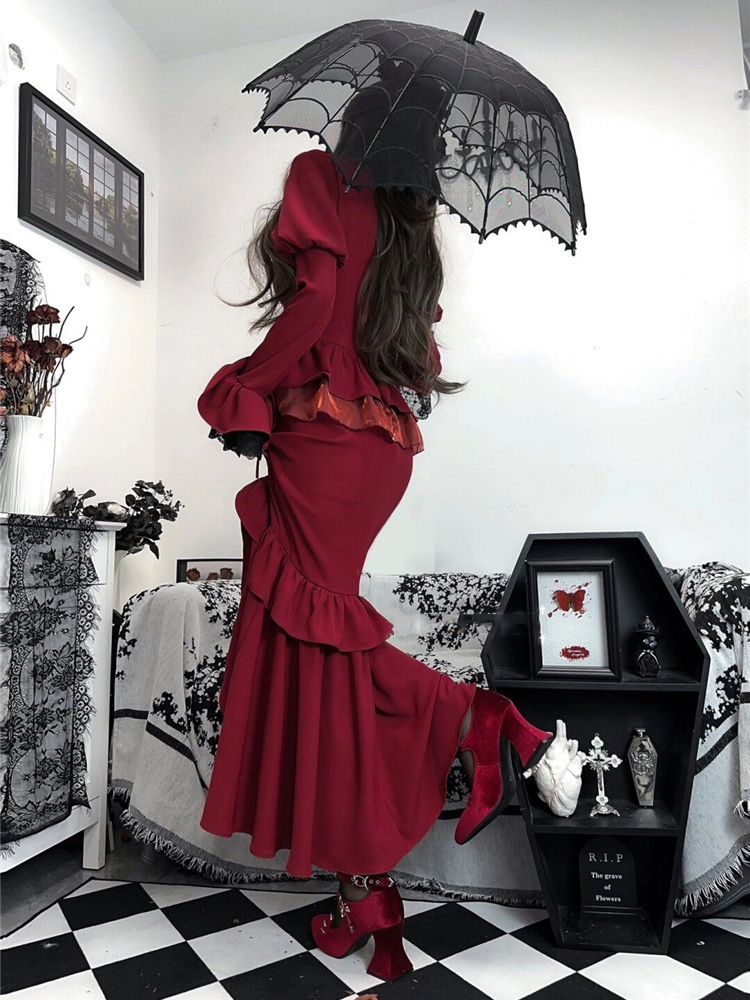 Spring Red Vintage Dress Women - French Vintage Floral Midi Dress recension och pris