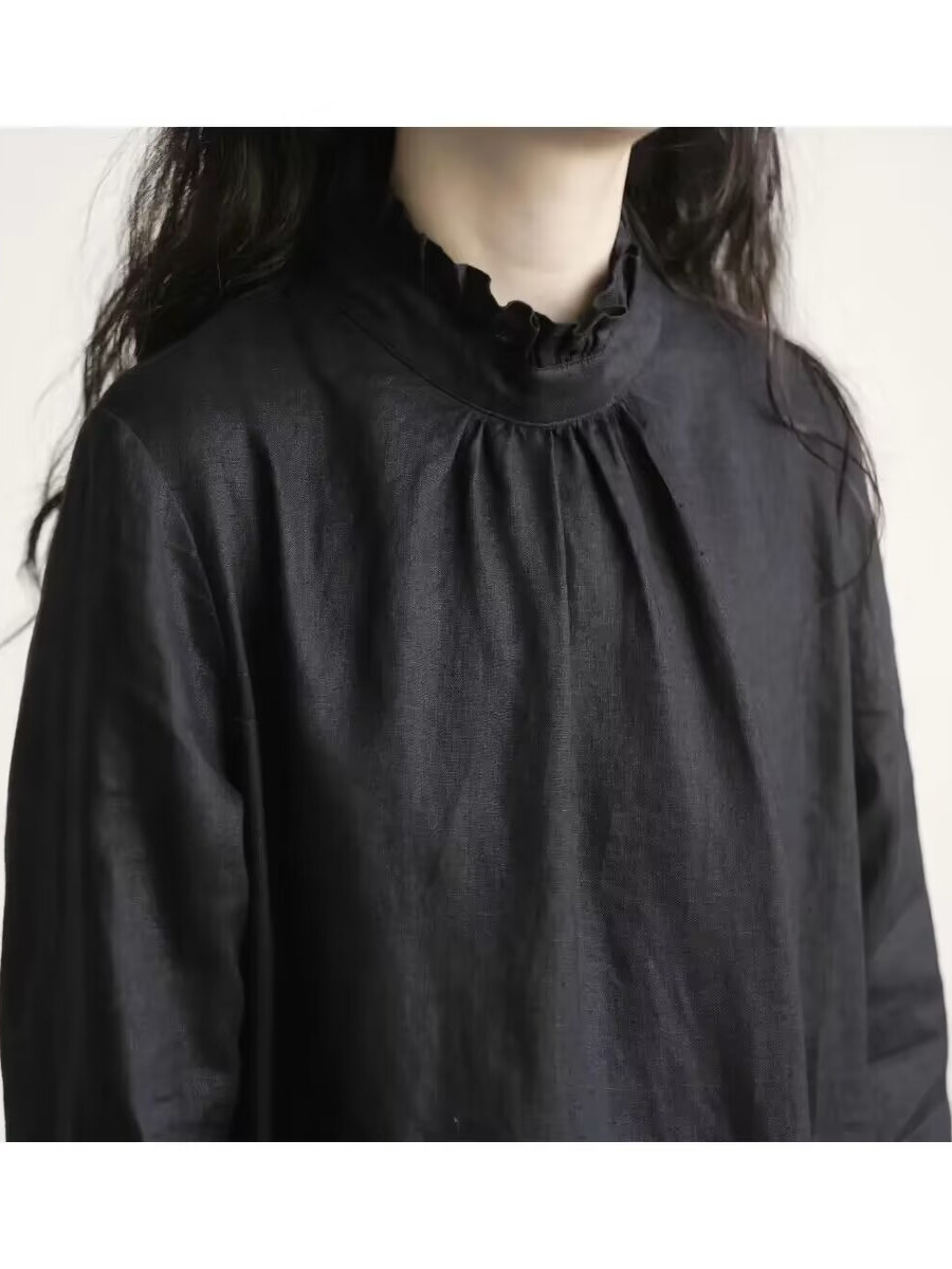Black Lace Collar Long Sleeve  - Casual Loose Linen Shirt Dress recension och pris