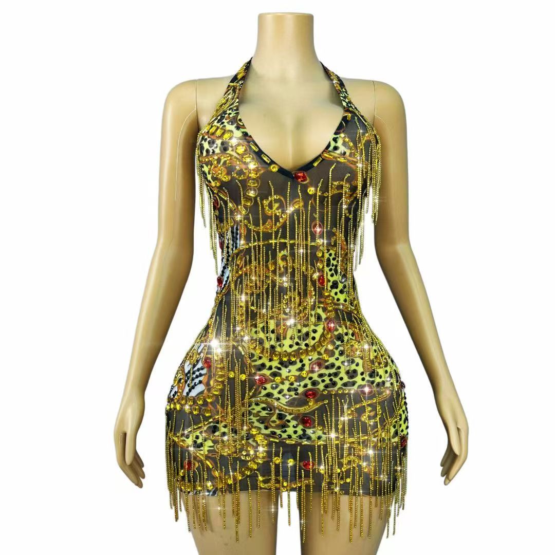 Sparkly Gold Rhinestones Chain - Sparkly Rhinestone Club Party Dress recension och pris