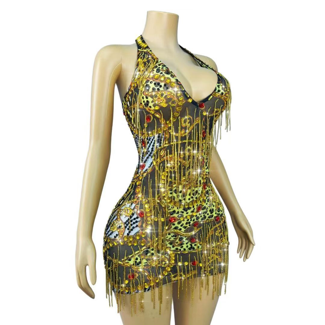Sparkly Gold Rhinestones Chain - Sparkly Rhinestone Club Party Dress recension och pris