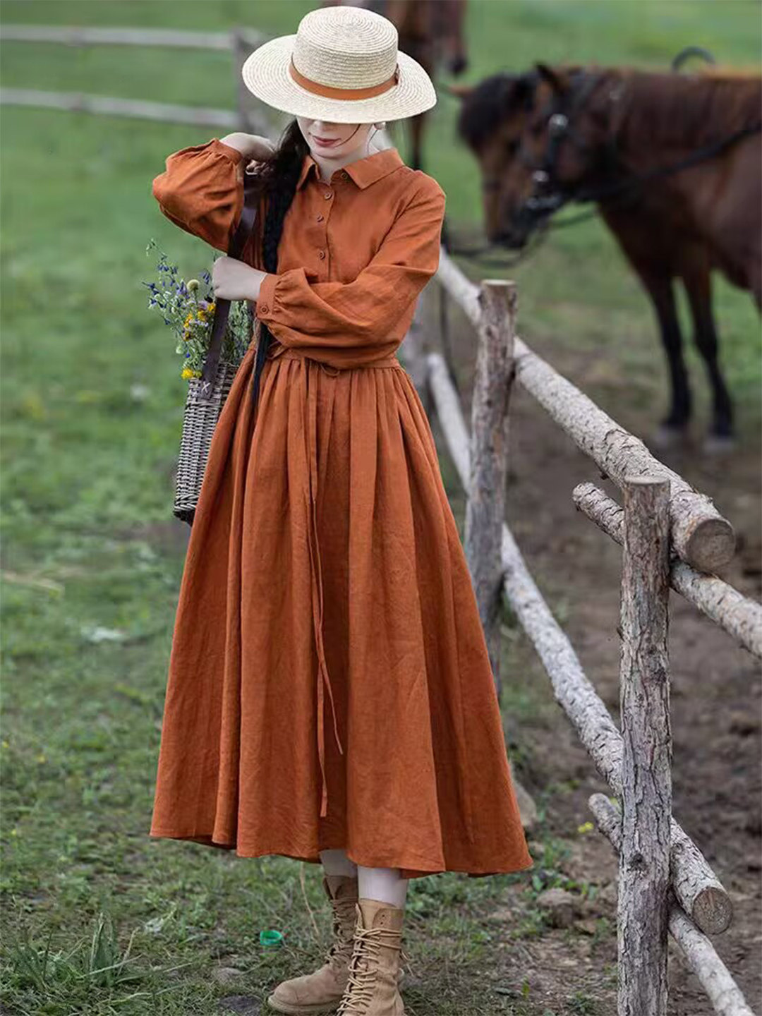 Women Orange Linen Maxi Dress  - Casual Loose Linen Shirt Dress recension och pris
