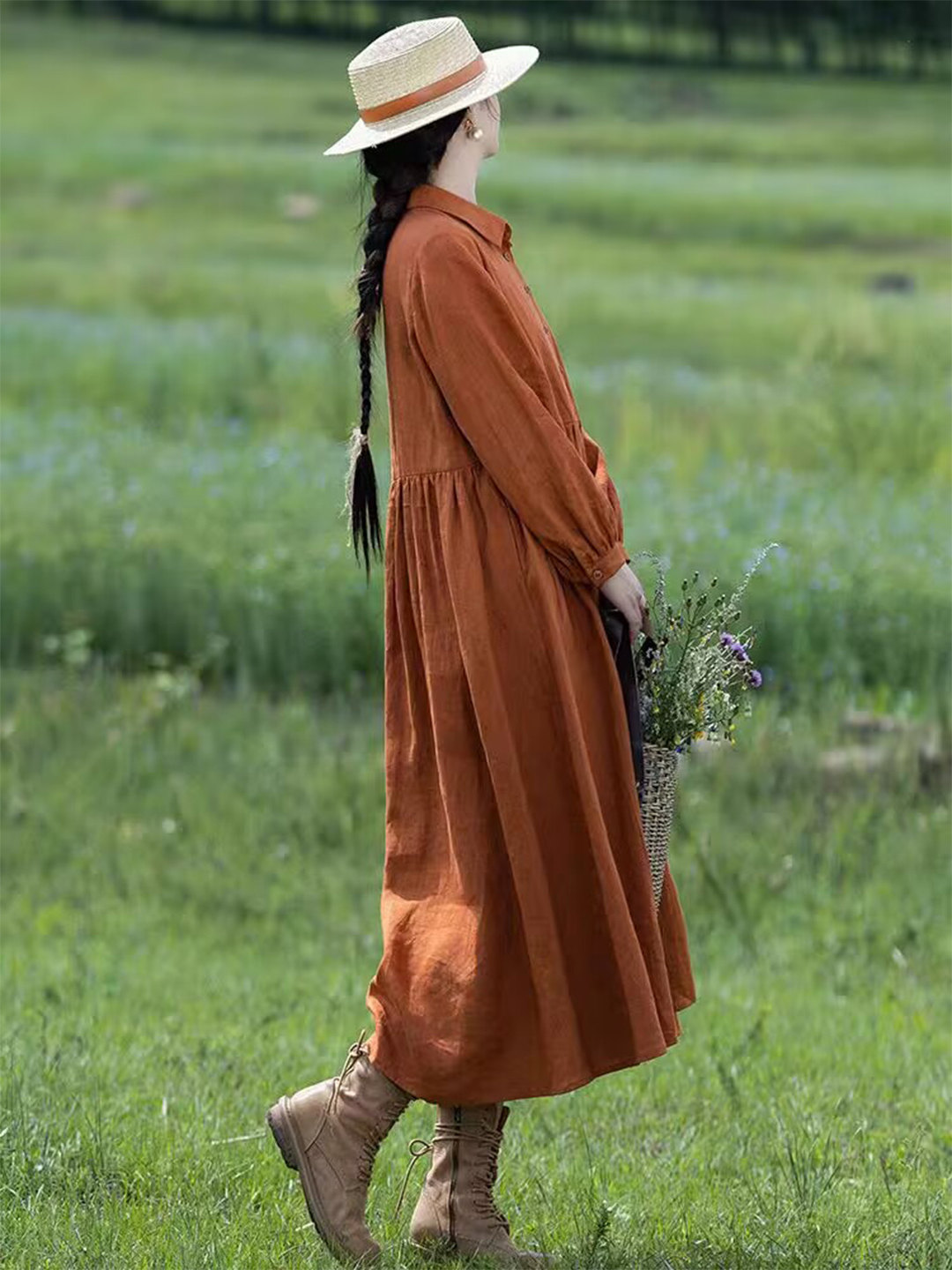 Women Orange Linen Maxi Dress  - Casual Loose Linen Shirt Dress recension och pris