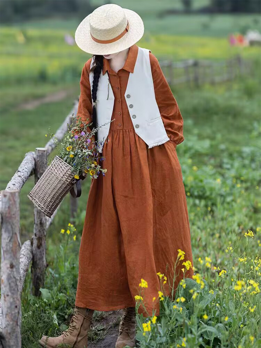 Women Orange Linen Maxi Dress  - Casual Loose Linen Shirt Dress recension och pris