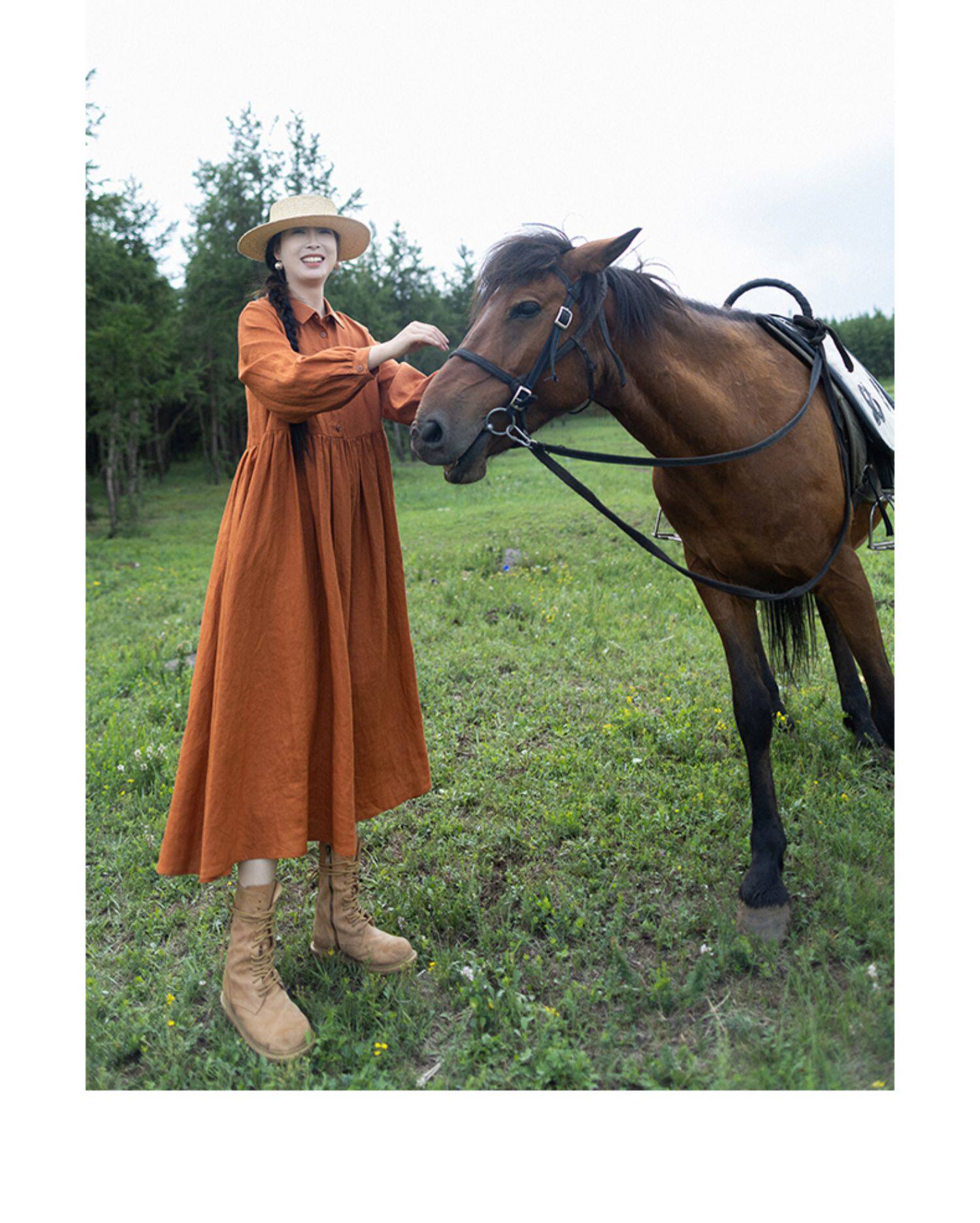 Women Orange Linen Maxi Dress  - Casual Loose Linen Shirt Dress recension och pris